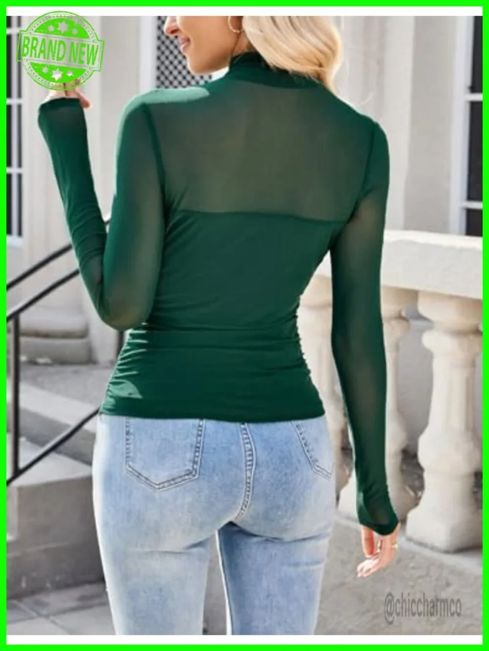 Mock Neck Long Sleeve Mesh Patchwork Slim Fit Tunic Tee